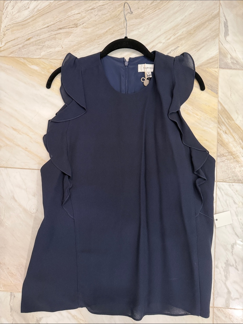 Carven Navy Ruffle Sleeveless Top